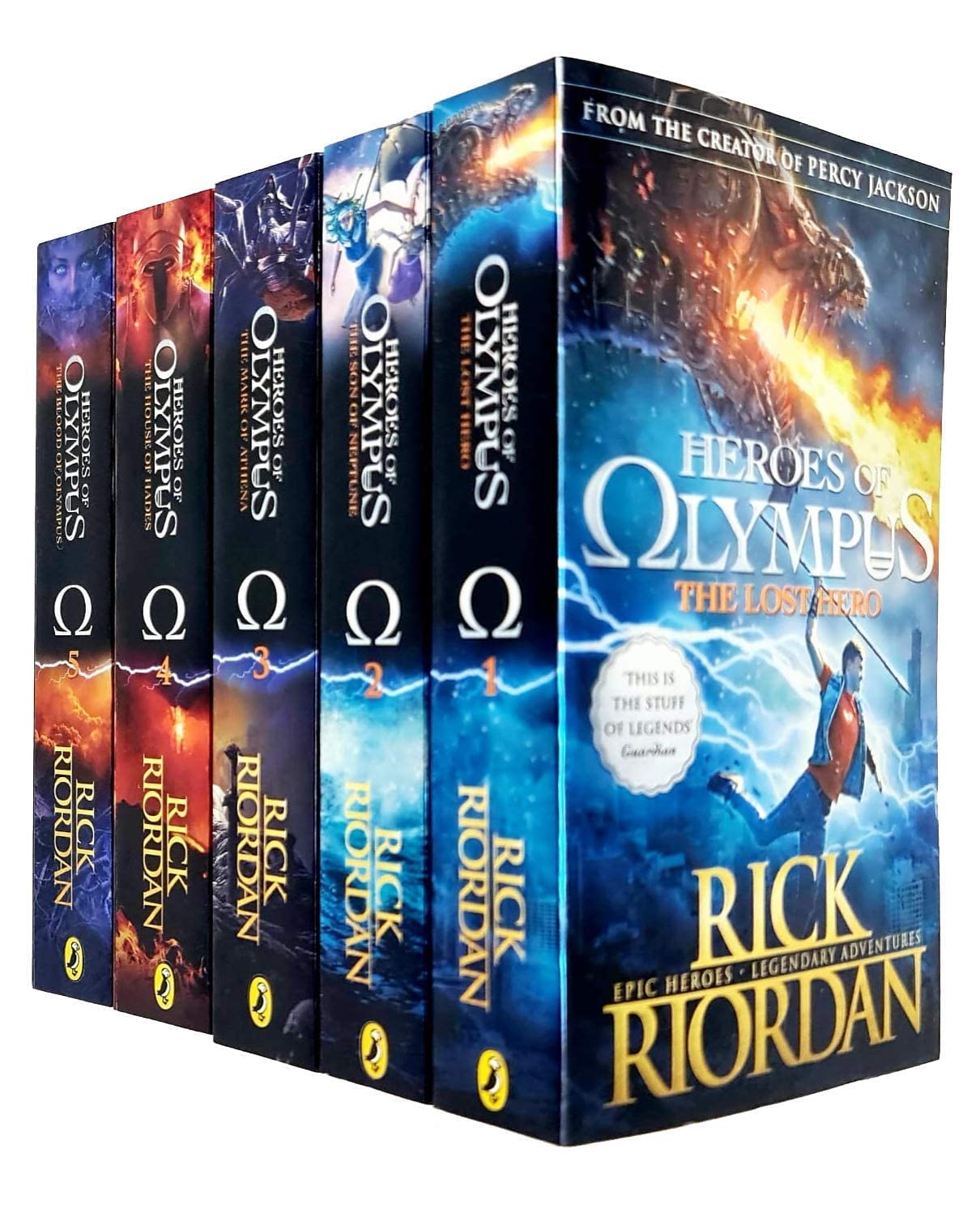 Front cover view of the Heroes of Olympus 5 book paperback collection set by Rick Riordan, showing colorful spine and cover art
