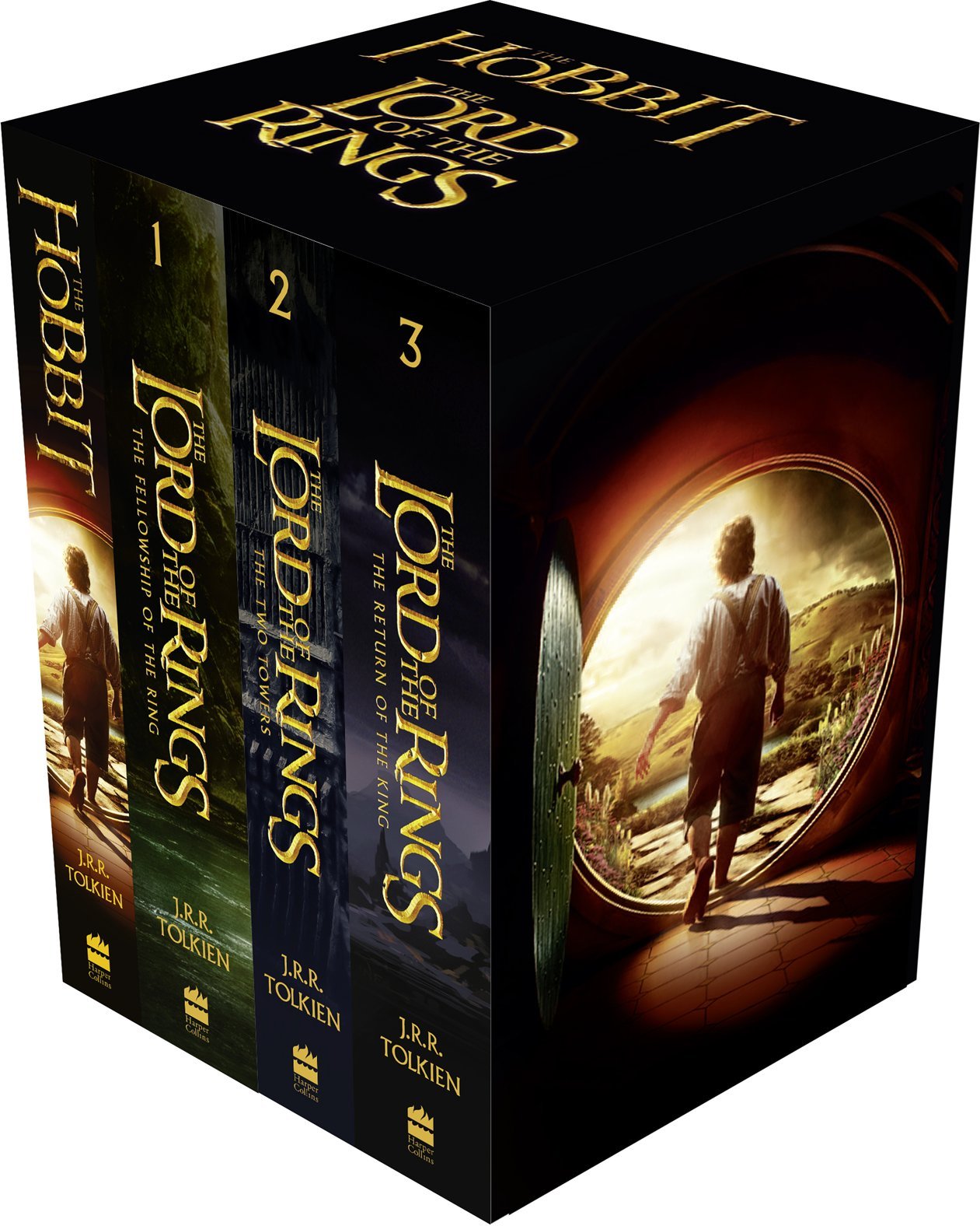 The Hobbit and The Lord of the Rings 4-book paperback boxed set by J.R.R. Tolkien, front covers of all four books