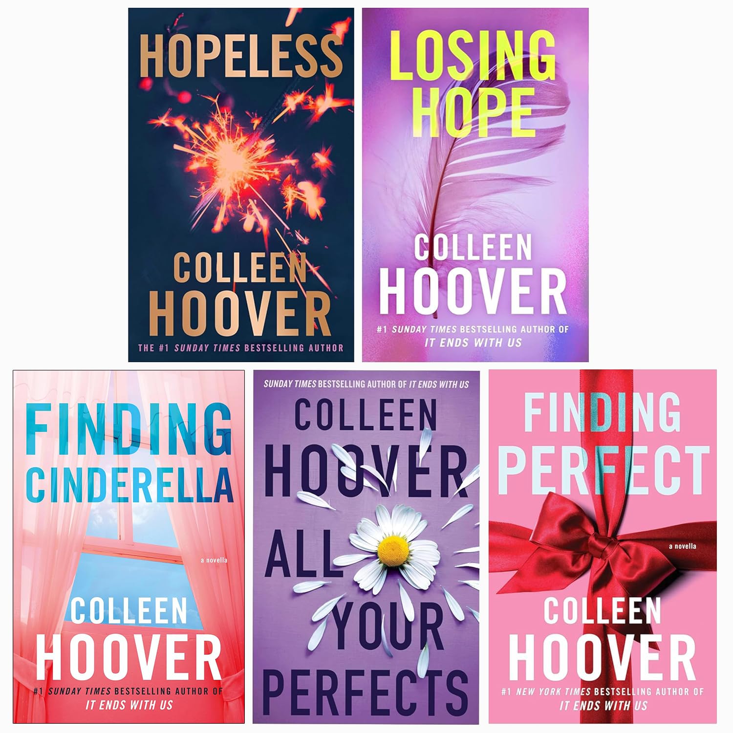 Front cover view of all five paperback books in the Hopeless Series by Colleen Hoover with colorful spines fanned out