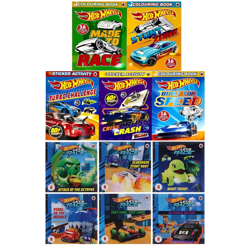 Hot Wheels Let's Race 11 Books Collection Set paperback front cover showing story, sticker, and coloring books