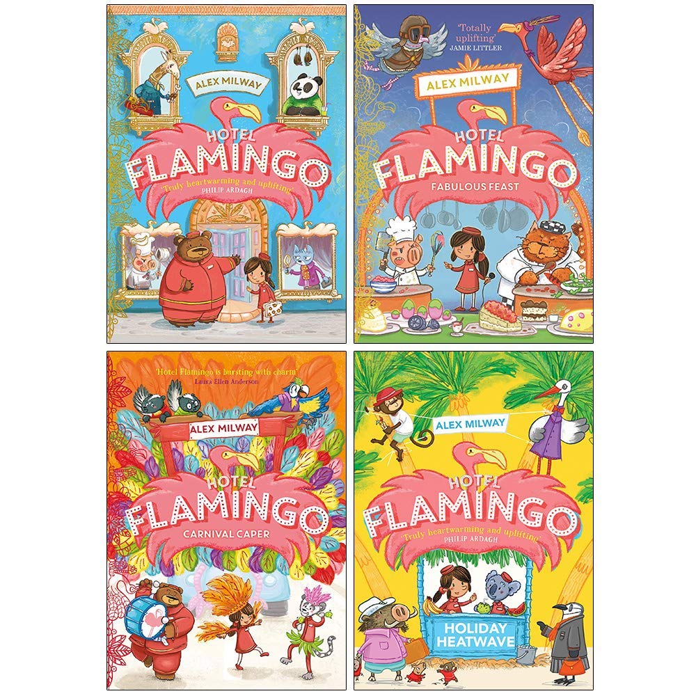 Front cover collage of the Hotel Flamingo Series by Alex Milway, 4-book paperback collection set for ages 7-12.