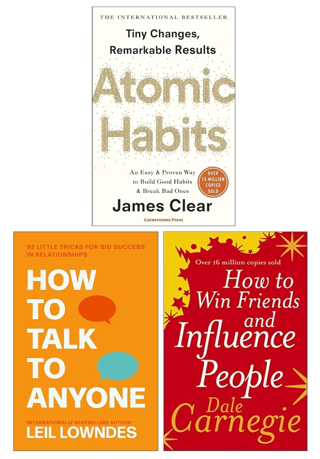 Front cover of the 3-book paperback set: How to Talk to Anyone by Leil Lowndes, Atomic Habits by James Clear, and How to Win Friends and Influence People by Dale Carnegie