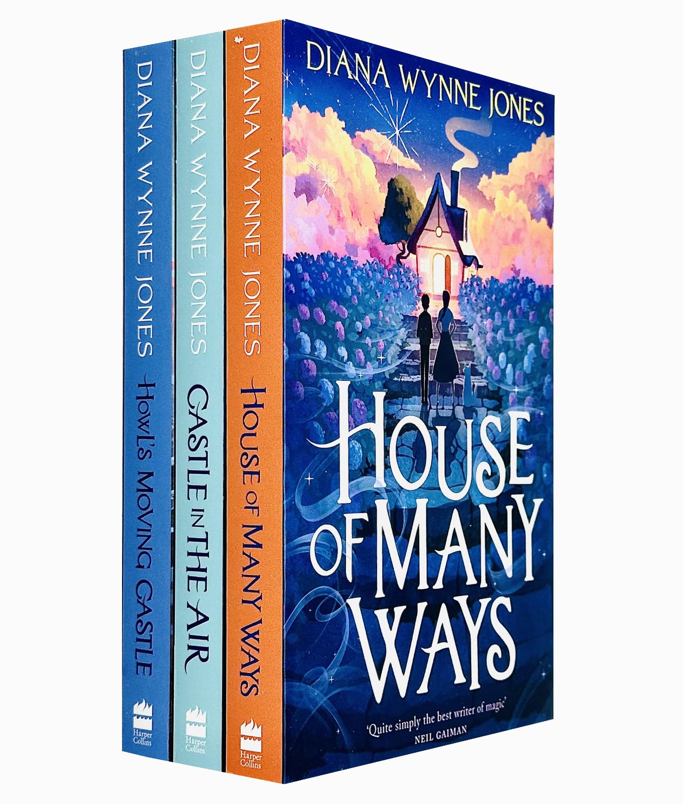 Front covers of the Howl's Moving Castle 3-book paperback set by Diana Wynne Jones, including Castle in the Air and House of Many Ways.