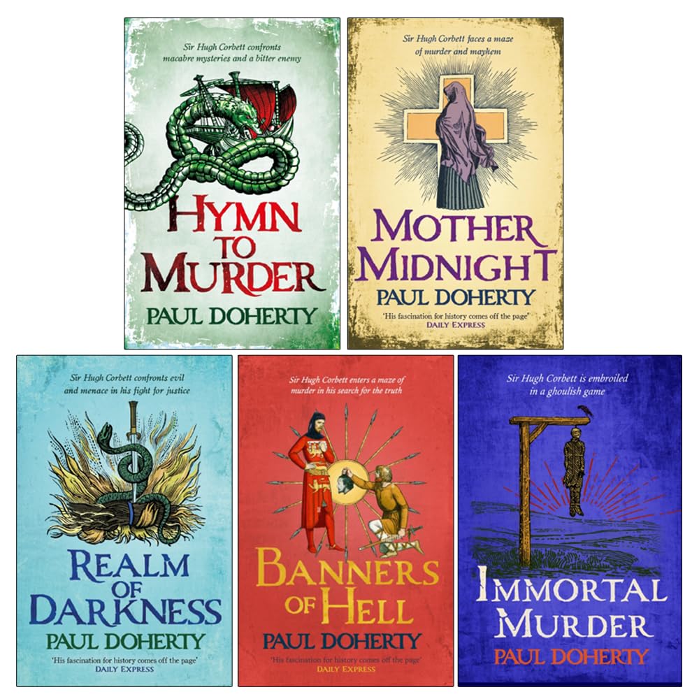 Hugh Corbett Medieval Mysteries 5 book paperback collection set by Paul Doherty, front cover of first title