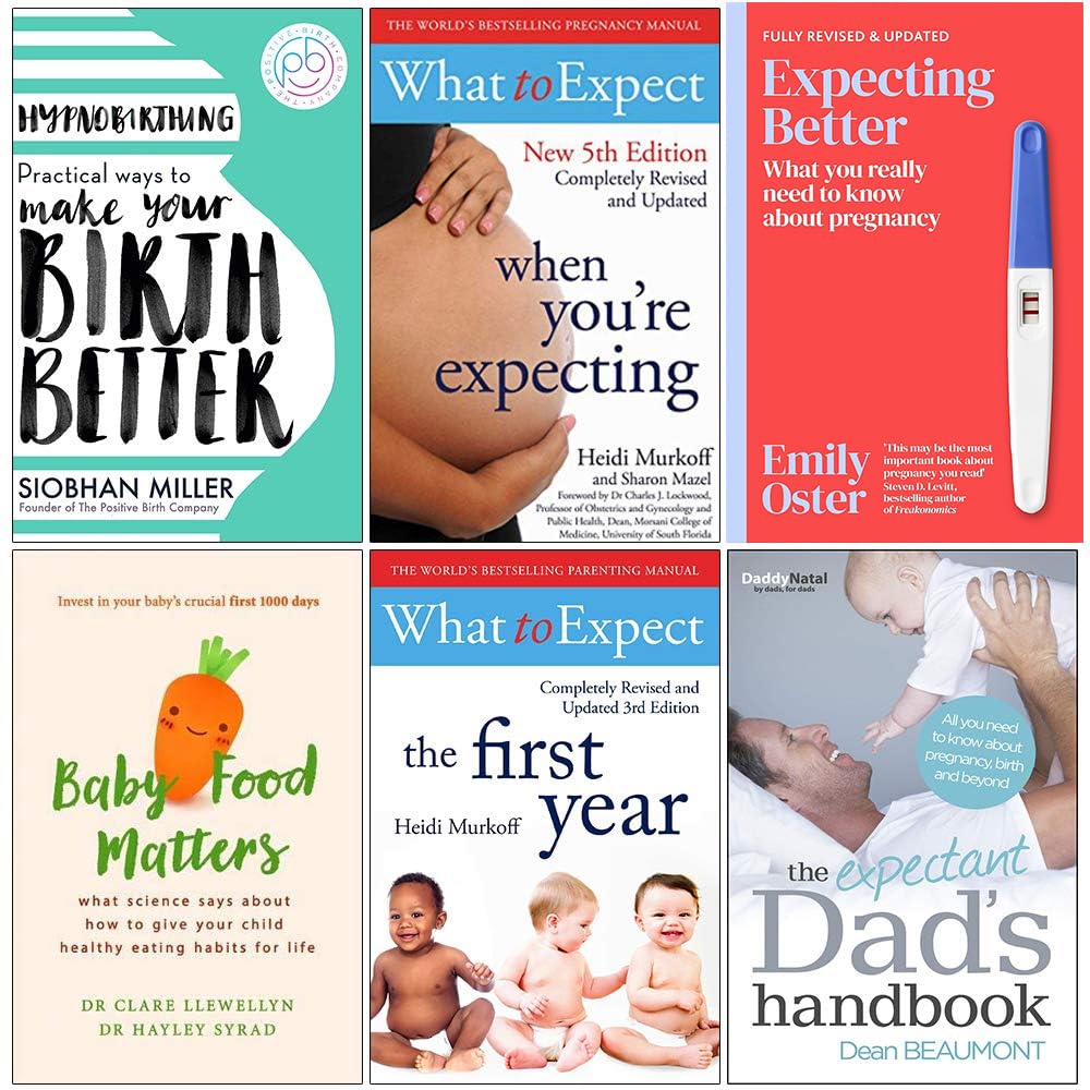 Front covers of the Hypnobirthing & What to Expect 6 Books Collection Set, paperback pregnancy and parenting guides
