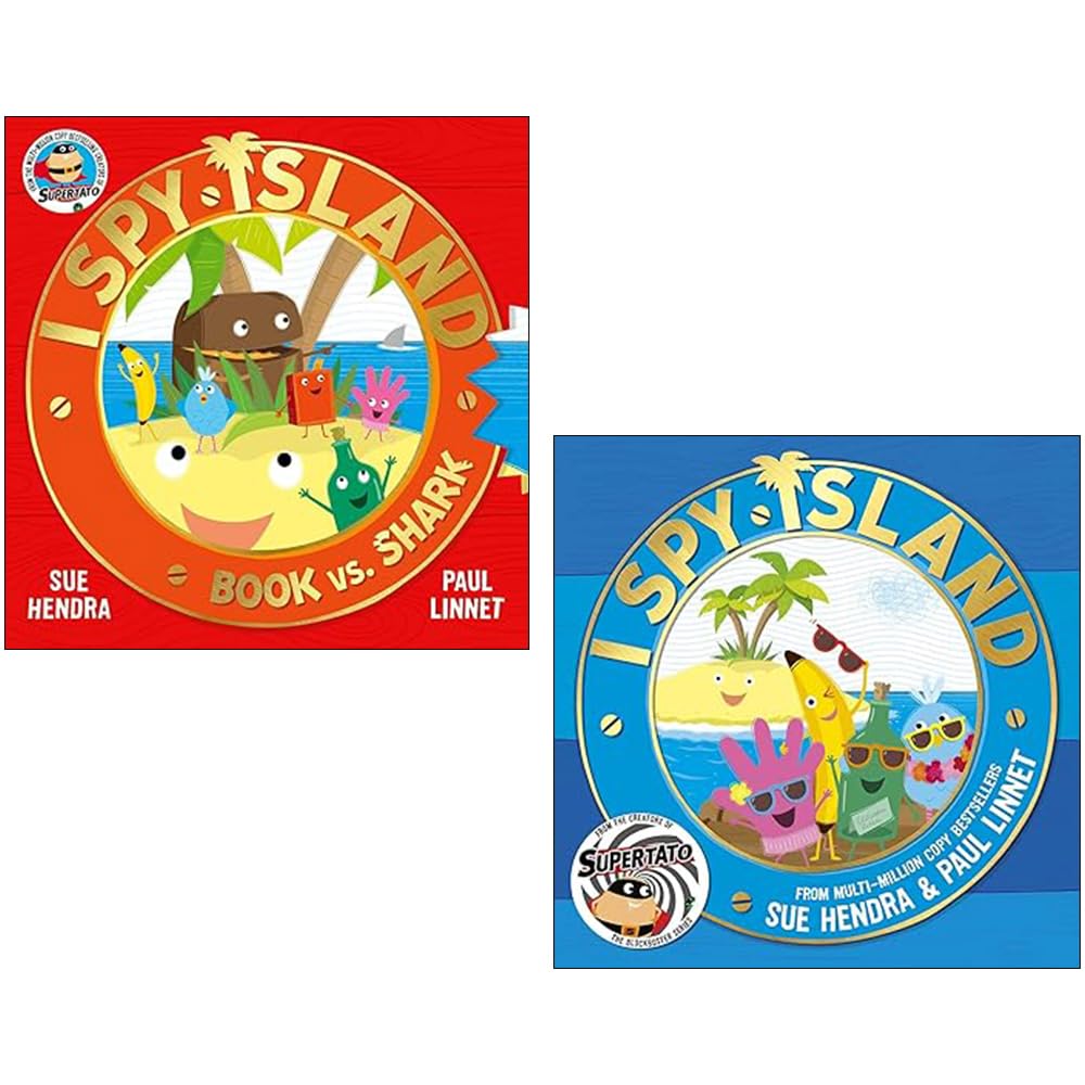 I Spy Island 2 book paperback collection set by Sue Hendra and Paul Linnet, front covers of I Spy Island and Book vs. Shark for ages 3-7