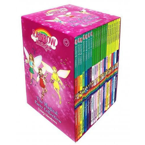 Rainbow Magic book collection by Daisy Meadows, 21 paperback books for ages 3-8, featuring colorful covers and magical characters.
