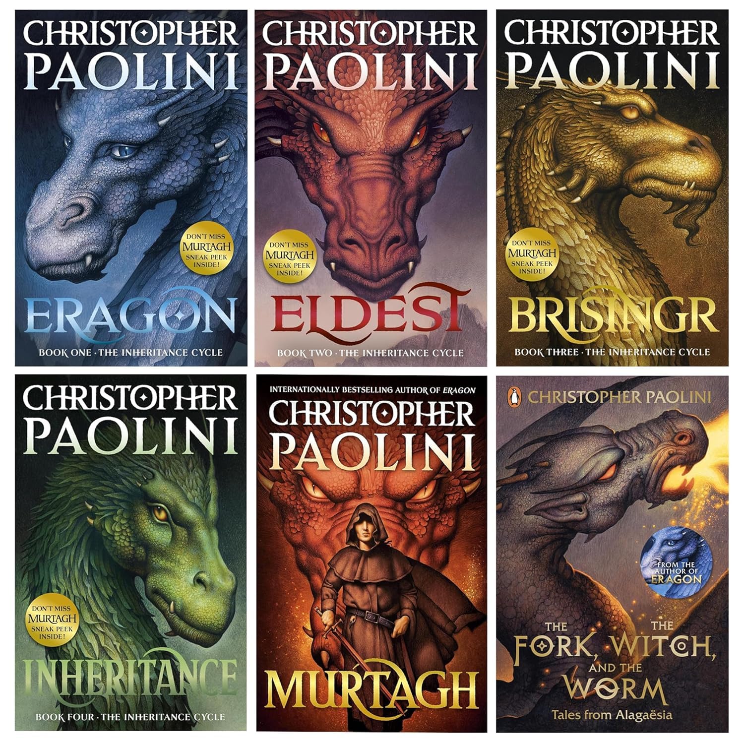The Inheritance Cycle 6-book paperback collection set by Christopher Paolini, showing all six covers: Eragon, Eldest, Brisingr, Inheritance, Murtagh, and The Fork, the Witch, and the Worm.