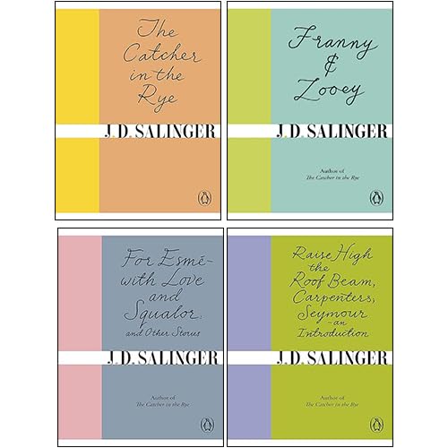 J. D. Salinger 4 Books Collection Set paperback front cover featuring The Catcher in the Rye, Franny and Zooey, For Esme with Love and Squalor, and Raise High the Roof Beam