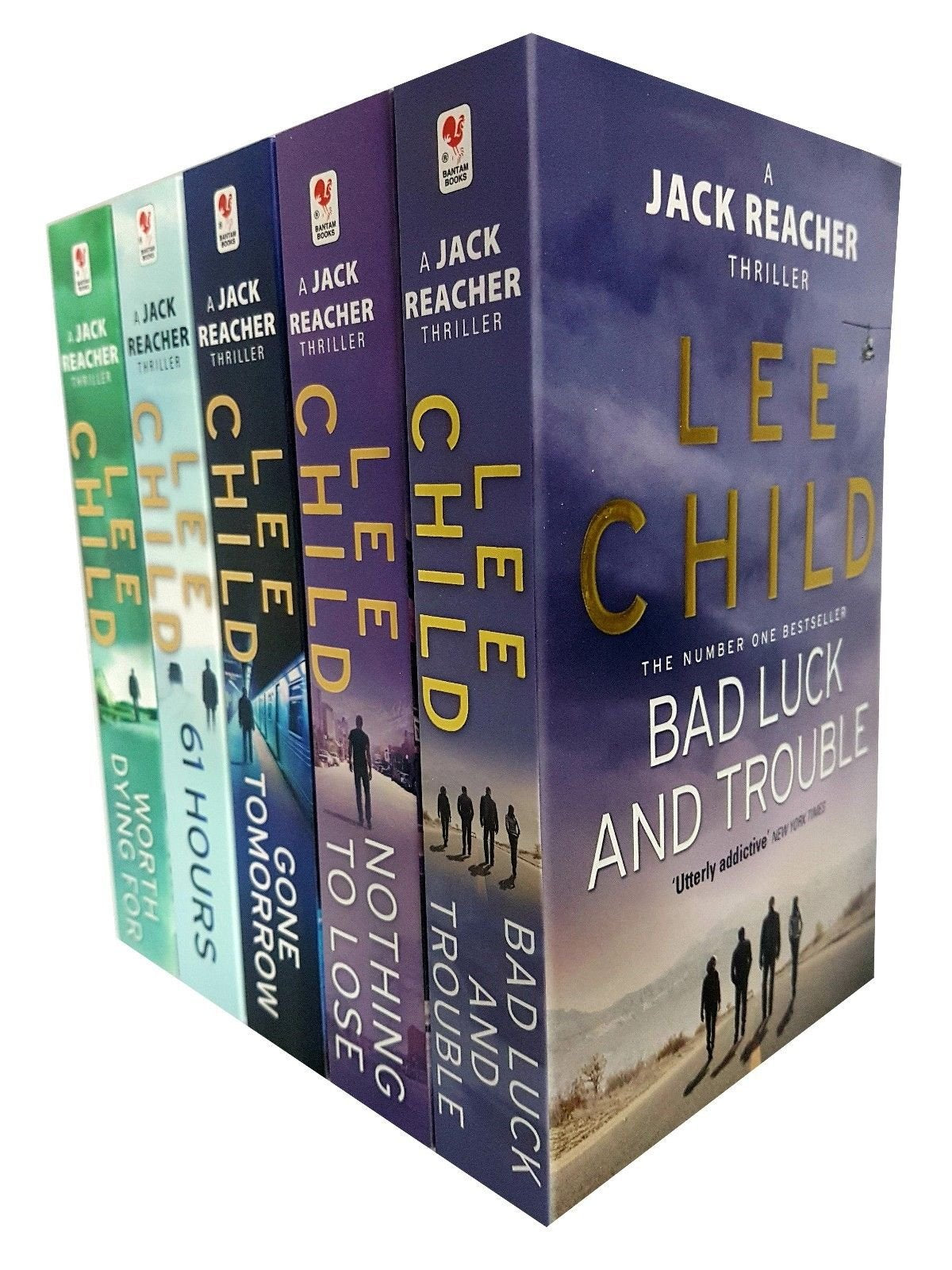 Front cover view of the Jack Reacher Series Books 11-15 by Lee Child, 5-book paperback collection set with bold thriller cover designs.