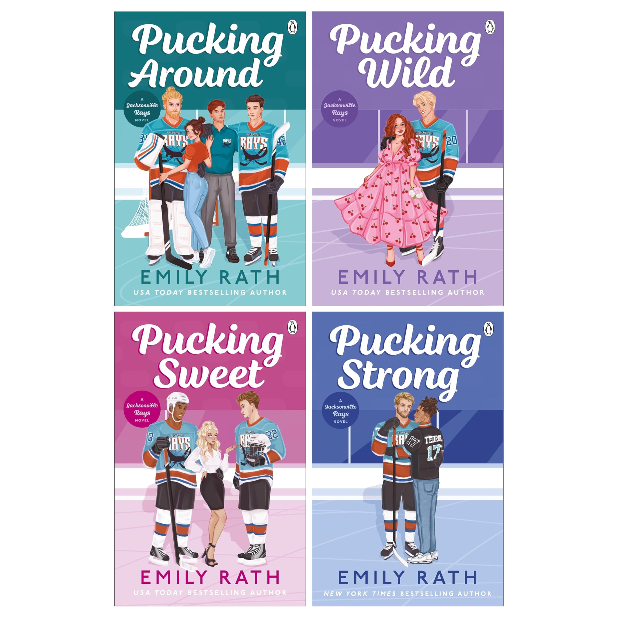 Jacksonville Rays 4-book paperback collection set by Emily Rath, showing front covers of Pucking Around, Pucking Wild, Pucking Sweet, and Pucking Strong