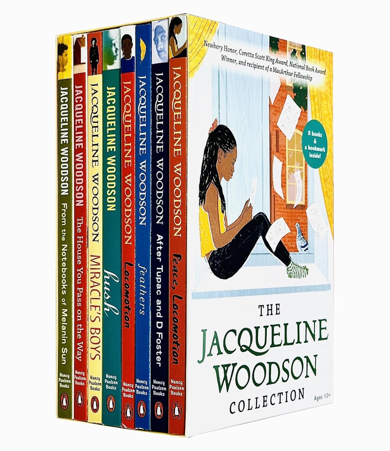 Front cover of The Jacqueline Woodson Collection 8-book paperback box set for ages 9-12