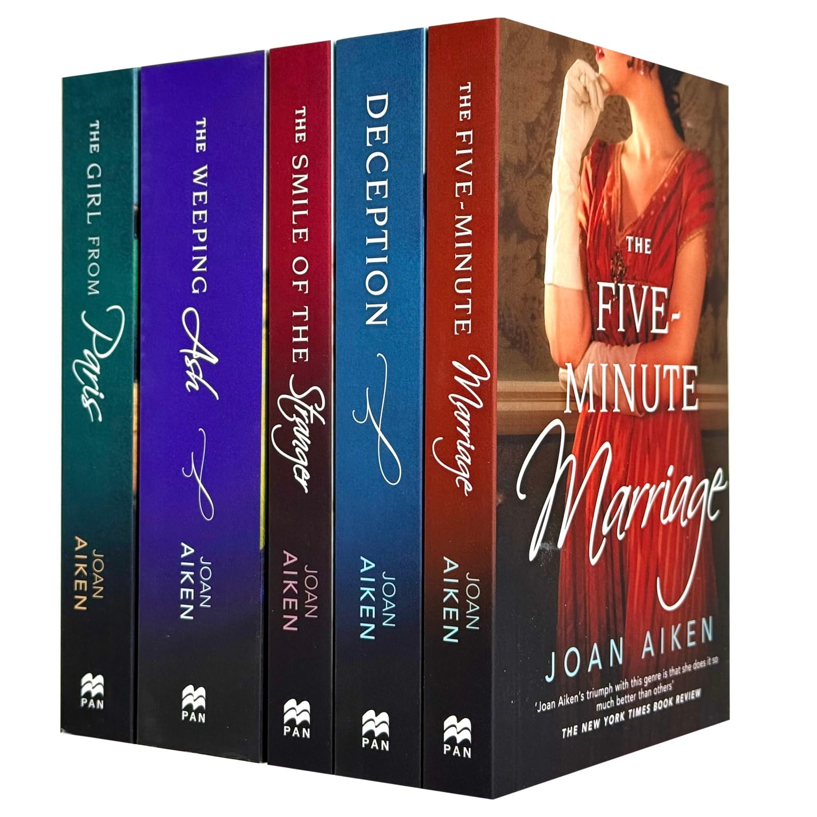 Joan Aiken Collection 5 book paperback set front cover featuring The Five-Minute Marriage, Deception, The Smile of the Stranger, The Weeping Ash, and The Girl from Paris