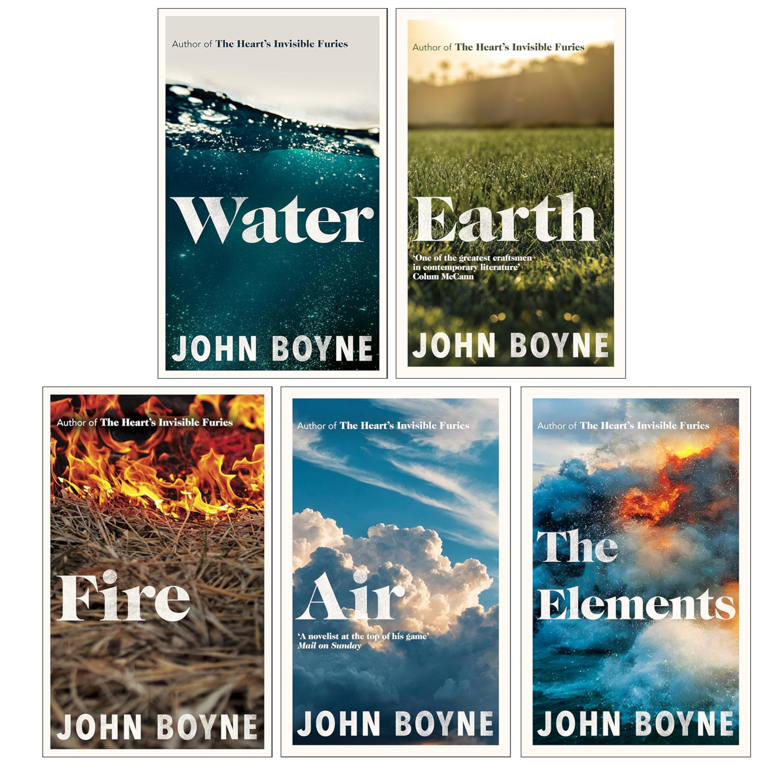 John Boyne 5-book hardback collection set featuring Water, Earth, Fire, Air, and The Elements front covers