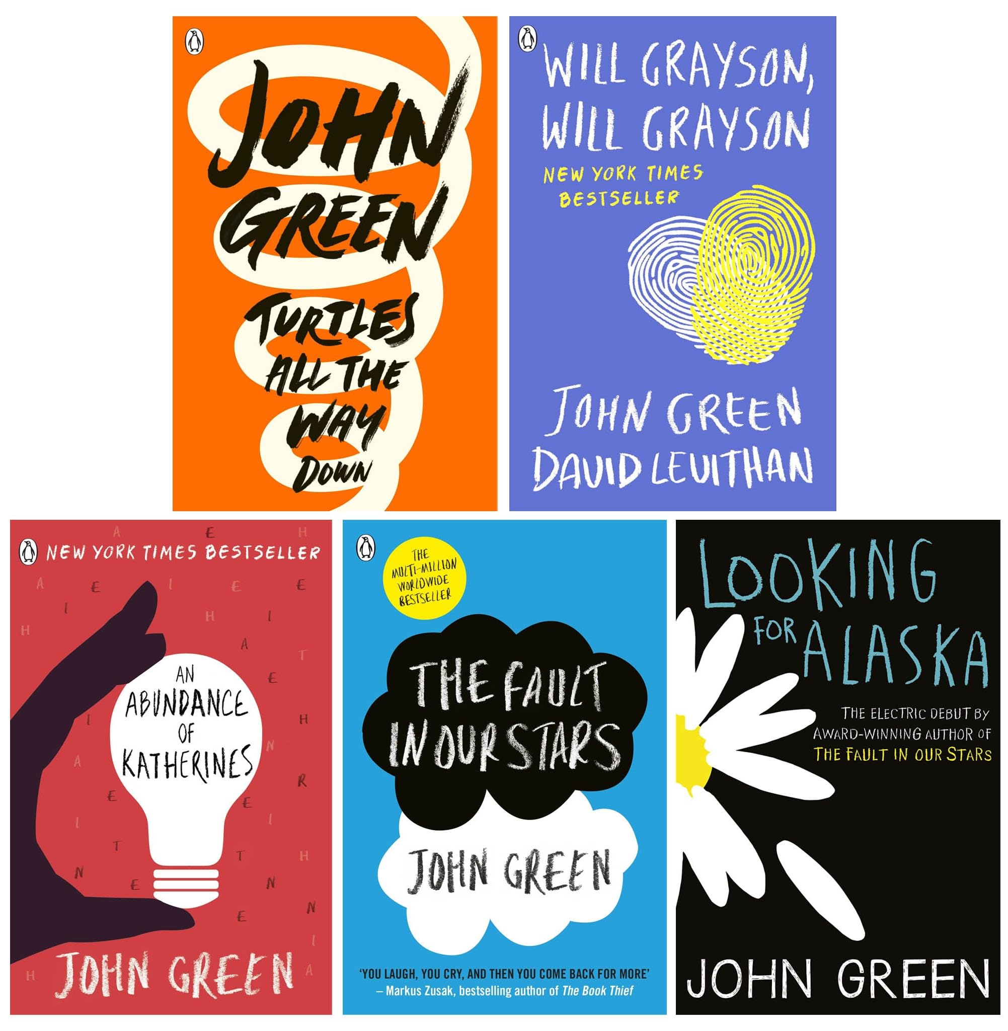 John Green 5 Books Collection Set paperback front cover, featuring The Fault in Our Stars, Looking for Alaska, An Abundance of Katherines, Will Grayson Will Grayson, and Turtles All the Way Down