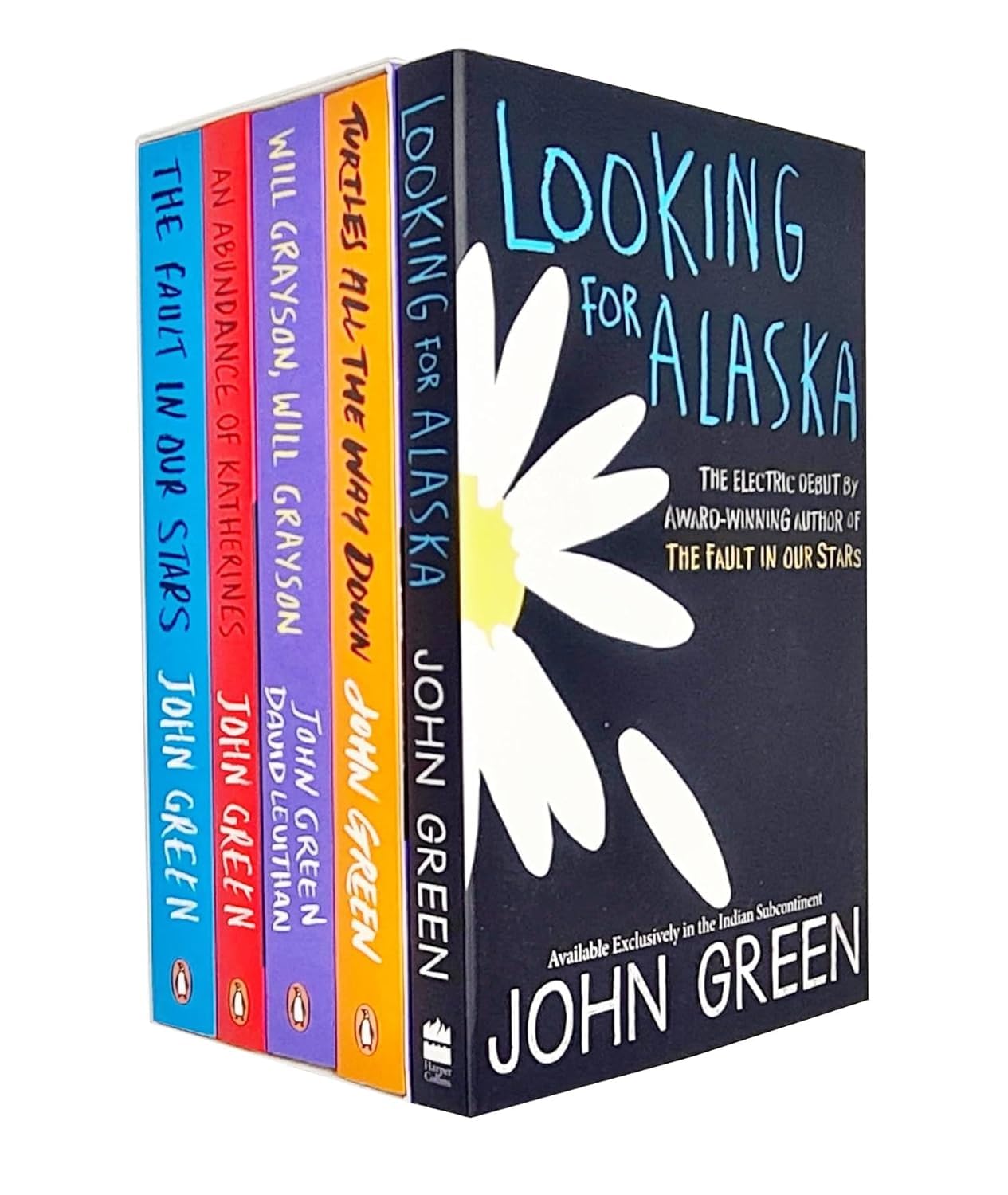 Front cover view of the John Green 5 Books Collection Set, paperback young adult fiction titles including The Fault in Our Stars and Looking for Alaska.