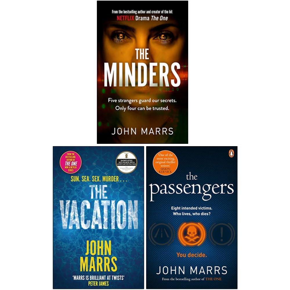 John Marrs Collection 3 Books Set paperback front cover featuring The Minders, The Vacation, and The Passengers