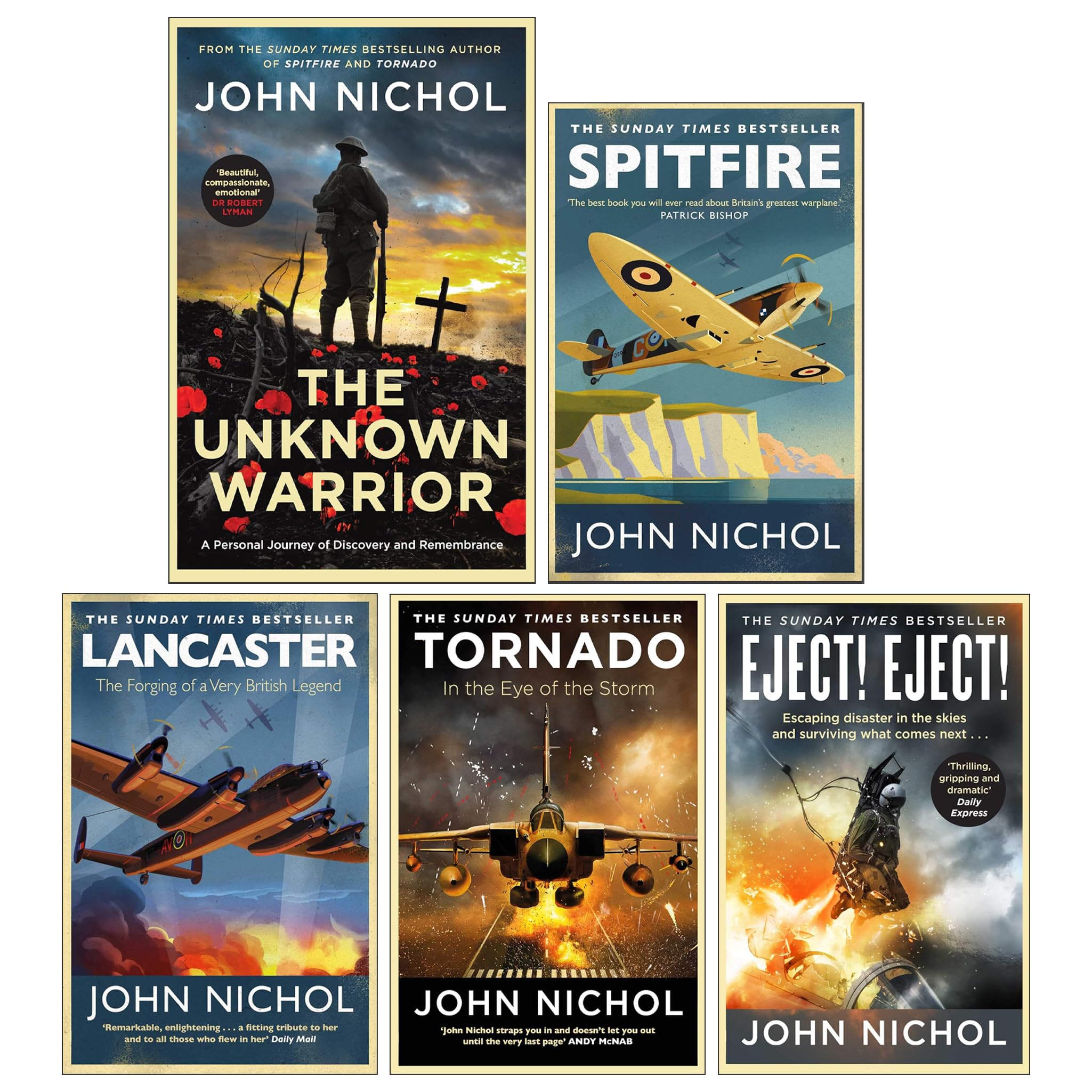 John Nichol 5 Books Collection Set front cover showing Spitfire, Lancaster, Tornado, Eject! Eject! and The Unknown Warrior