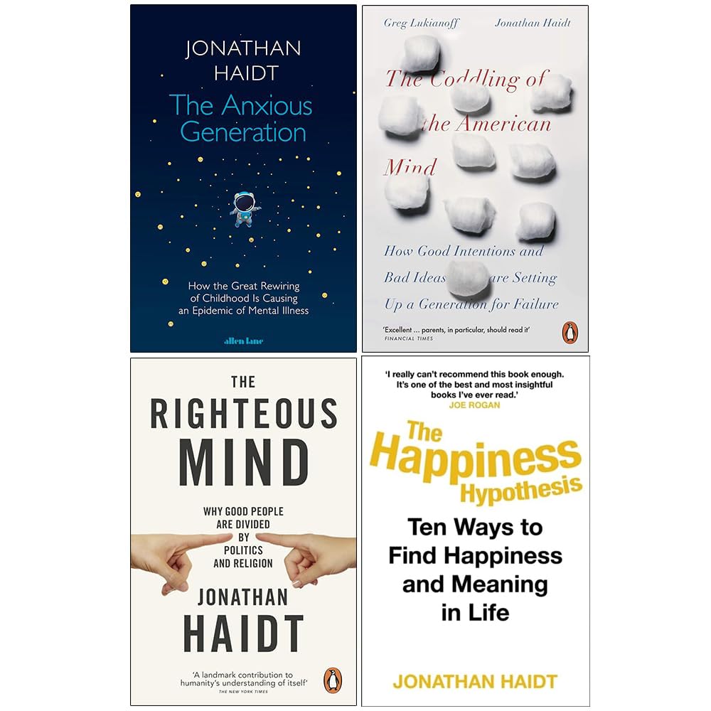 Jonathan Haidt 4 Books Collection Set front cover stack featuring The Anxious Generation, The Coddling of the American Mind, The Righteous Mind, and The Happiness Hypothesis