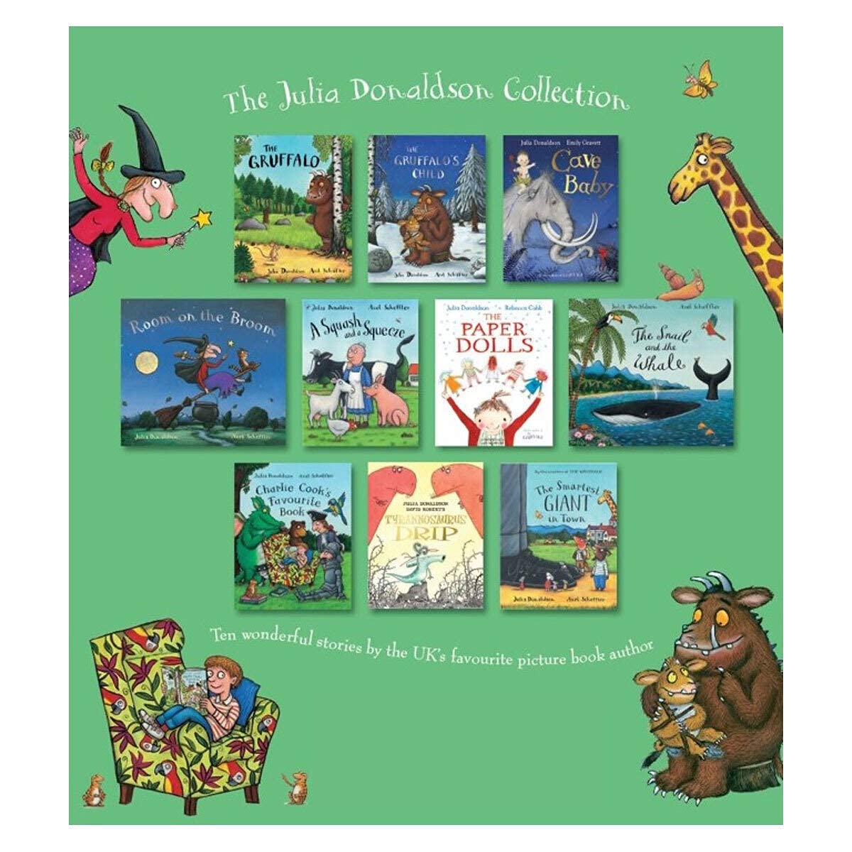 The Julia Donaldson Collection 10 books paperback set front cover artwork featuring The Gruffalo and Room on the Broom