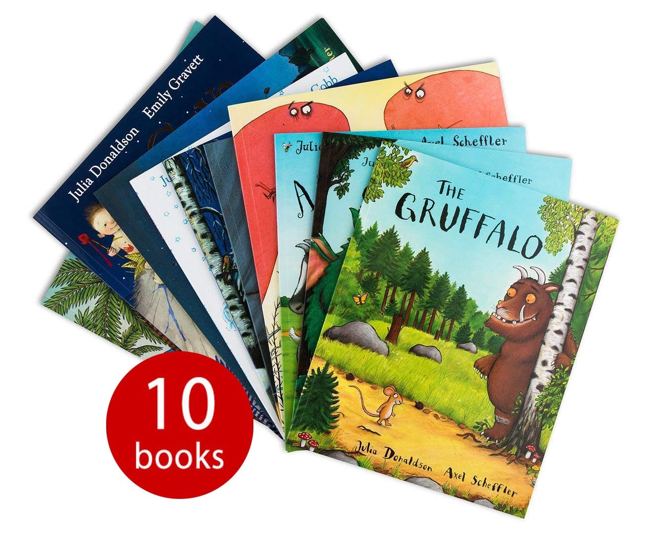 Front cover view of the Julia Donaldson Collection 10 Books Set paperback, showing The Gruffalo and other titles for ages 3-7.