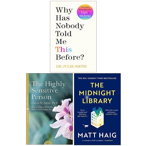 Front covers of the 3-book set: Why Has Nobody Told Me This Before, The Highly Sensitive Person, and The Midnight Library
