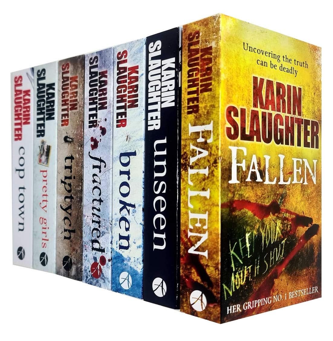 Karin Slaughter 7 Books Collection Set paperback front cover featuring Fallen, Unseen, Broken, Fractured, Triptych, Pretty Girls, and Cop Town
