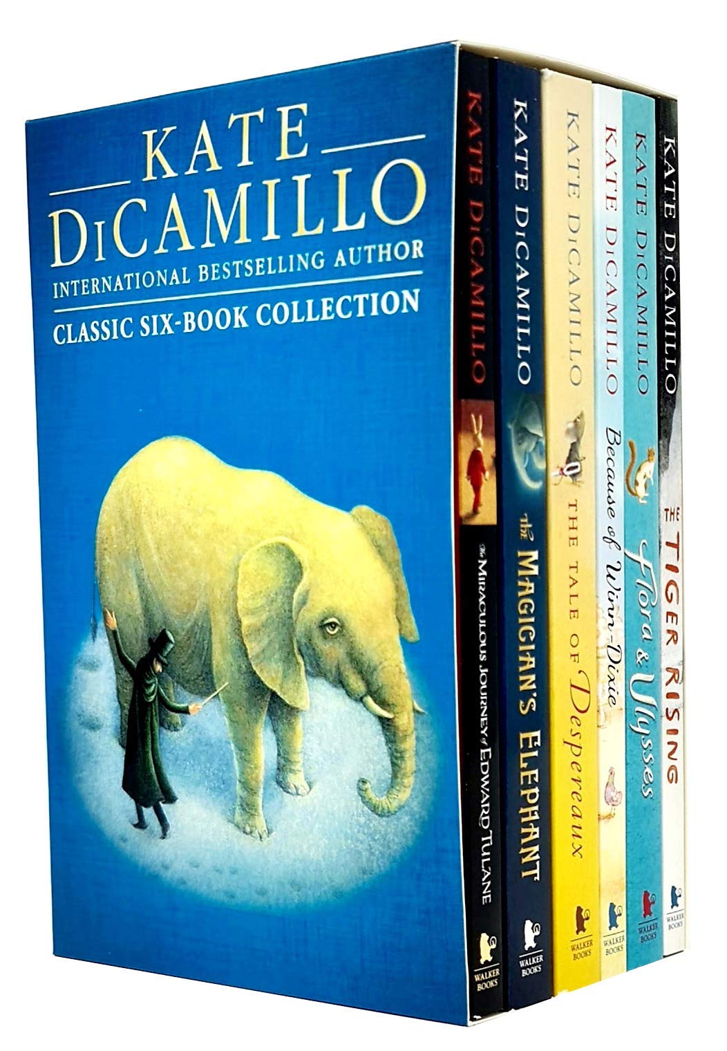 Kate DiCamillo 6 Books Collection Set paperback box set cover featuring The Tale of Despereaux, Because of Winn-Dixie, The Miraculous Journey of Edward Tulane, Flora & Ulysses, The Magician's Elephant, and The Tiger Rising for ages 8-12