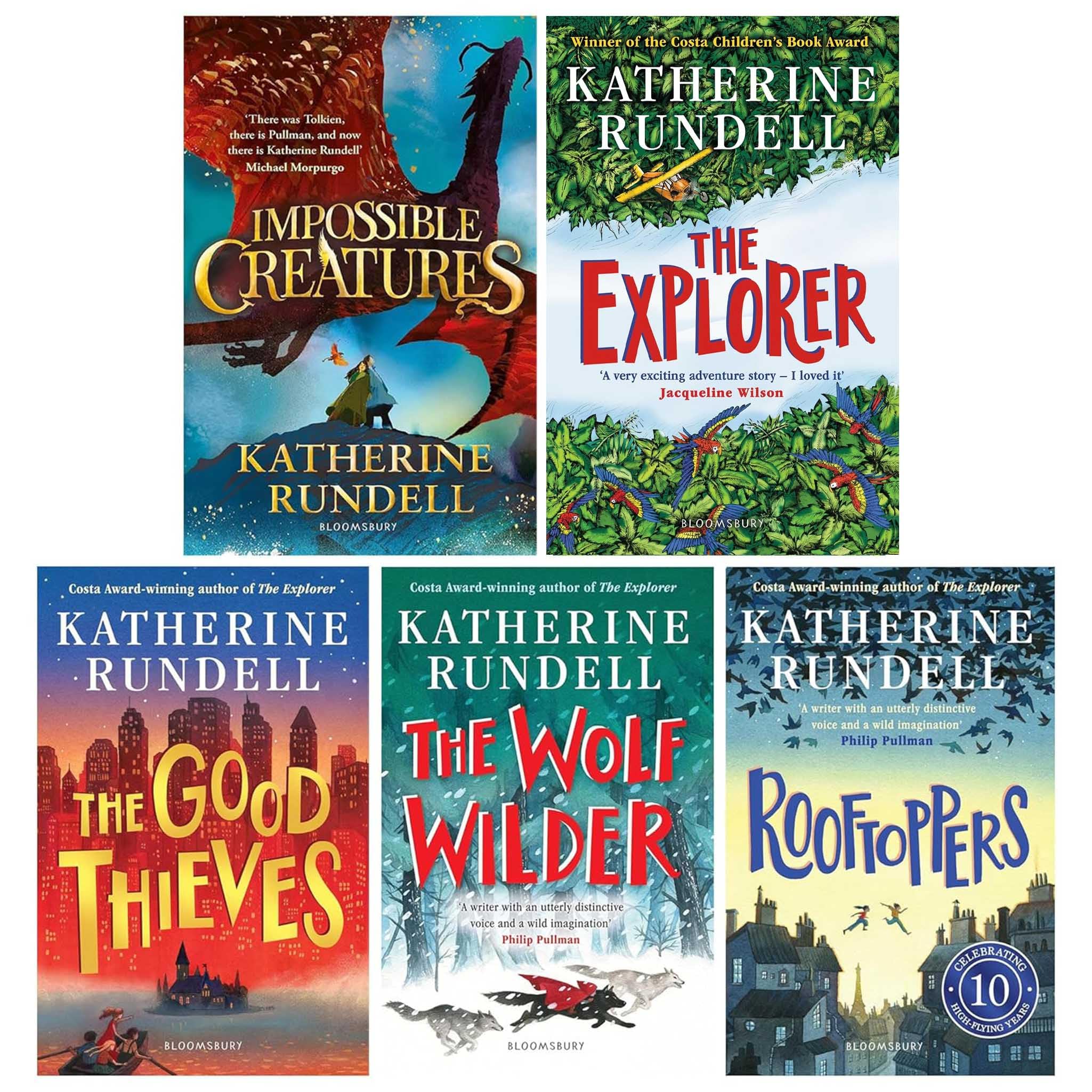 Katherine Rundell 5 Books Collection Set paperback front covers, including Impossible Creatures, Rooftoppers, The Wolf Wilder, The Explorer, and The Good Thieves