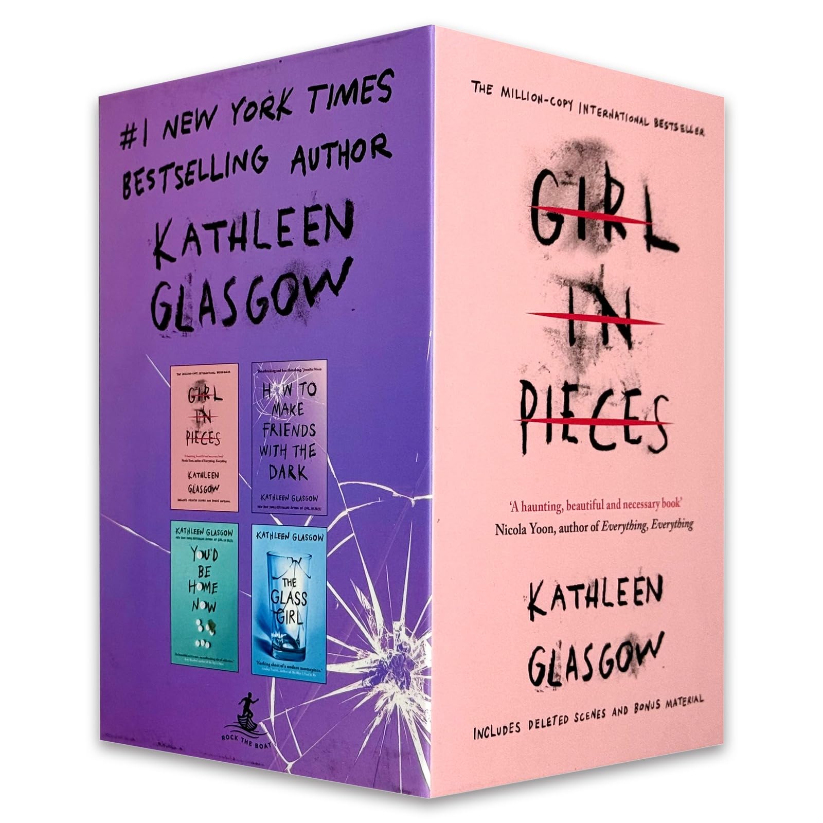 Kathleen Glasgow 4 Book Collection Set paperback box set, front cover artwork featuring Girl in Pieces, How to Make Friends with the Dark, You'd Be Home Now, and The Glass Girl
