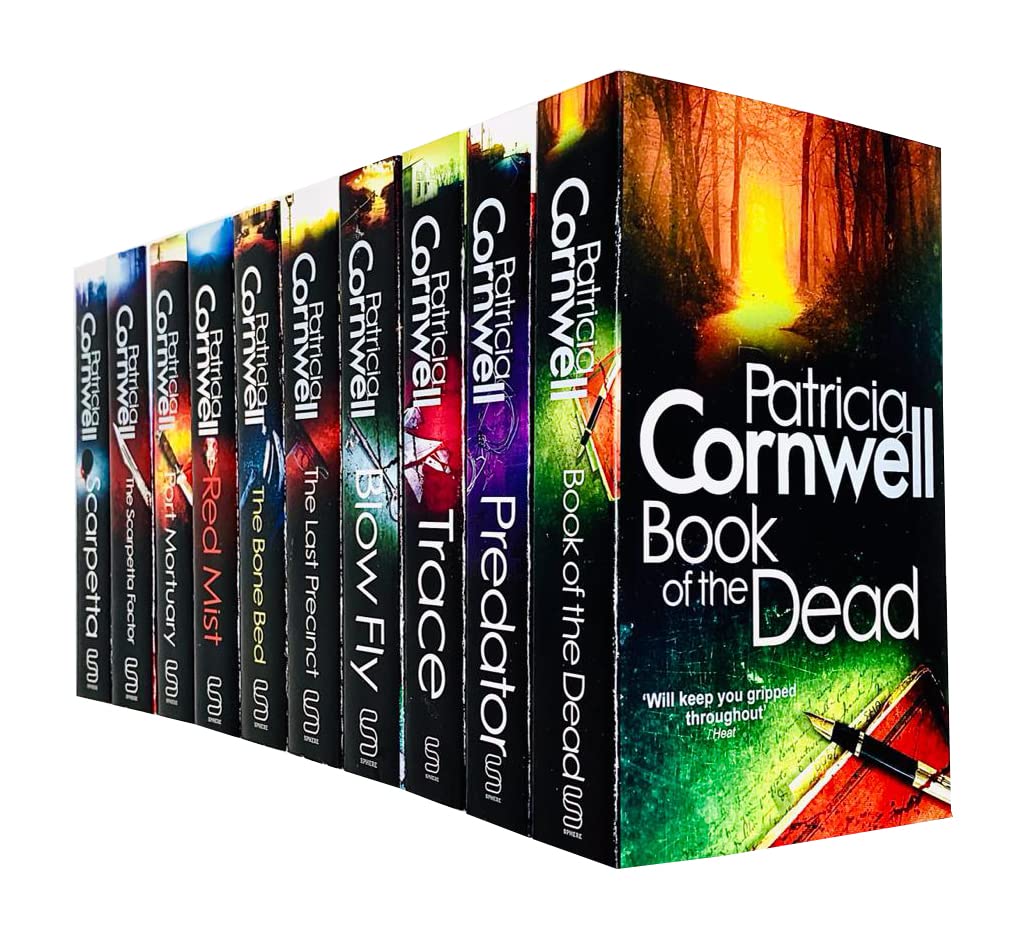 Front cover view of the Kay Scarpetta Series 11-20 by Patricia Cornwell, 10 paperback crime fiction novels fanned out together.