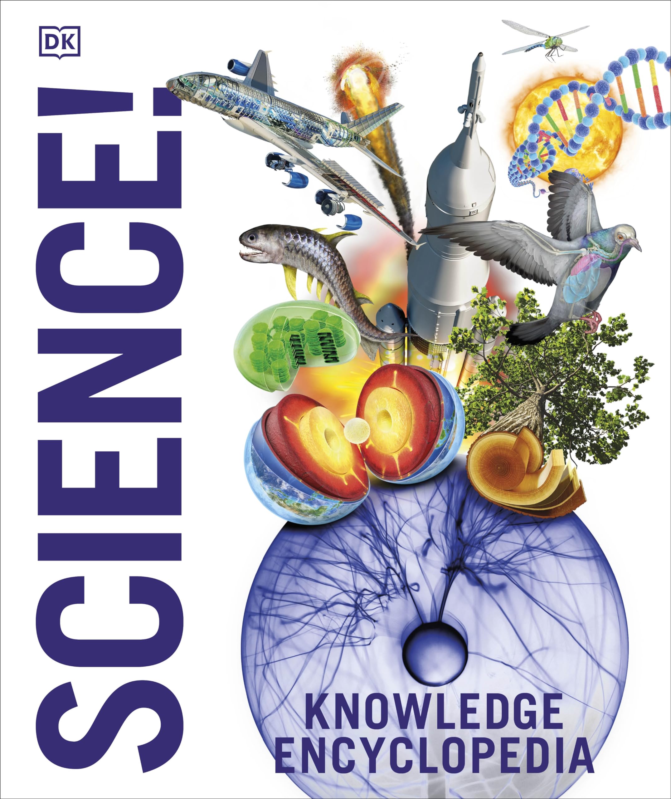 Front cover of Knowledge Encyclopedia: Science! hardback by DK, featuring colorful 3D-style illustrations covering physics, chemistry, and biology topics.
