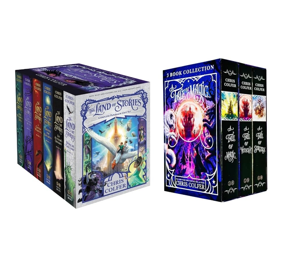 Front cover view of The Land of Stories and A Tale of Magic 9-book paperback collection set by Chris Colfer, showing all book spines stacked together.