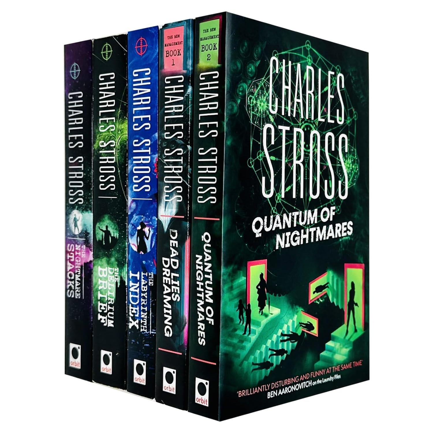 The Laundry Files 5-book paperback collection set by Charles Stross, front covers of all five books