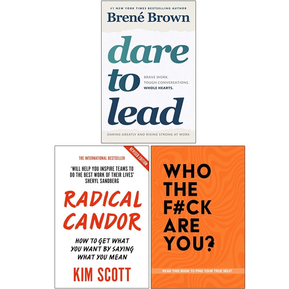 Leadership Trio Collection 3 book paperback set front cover featuring Dare to Lead by Brené Brown, Radical Candor by Kim Scott, and Who the F*ck Are You?
