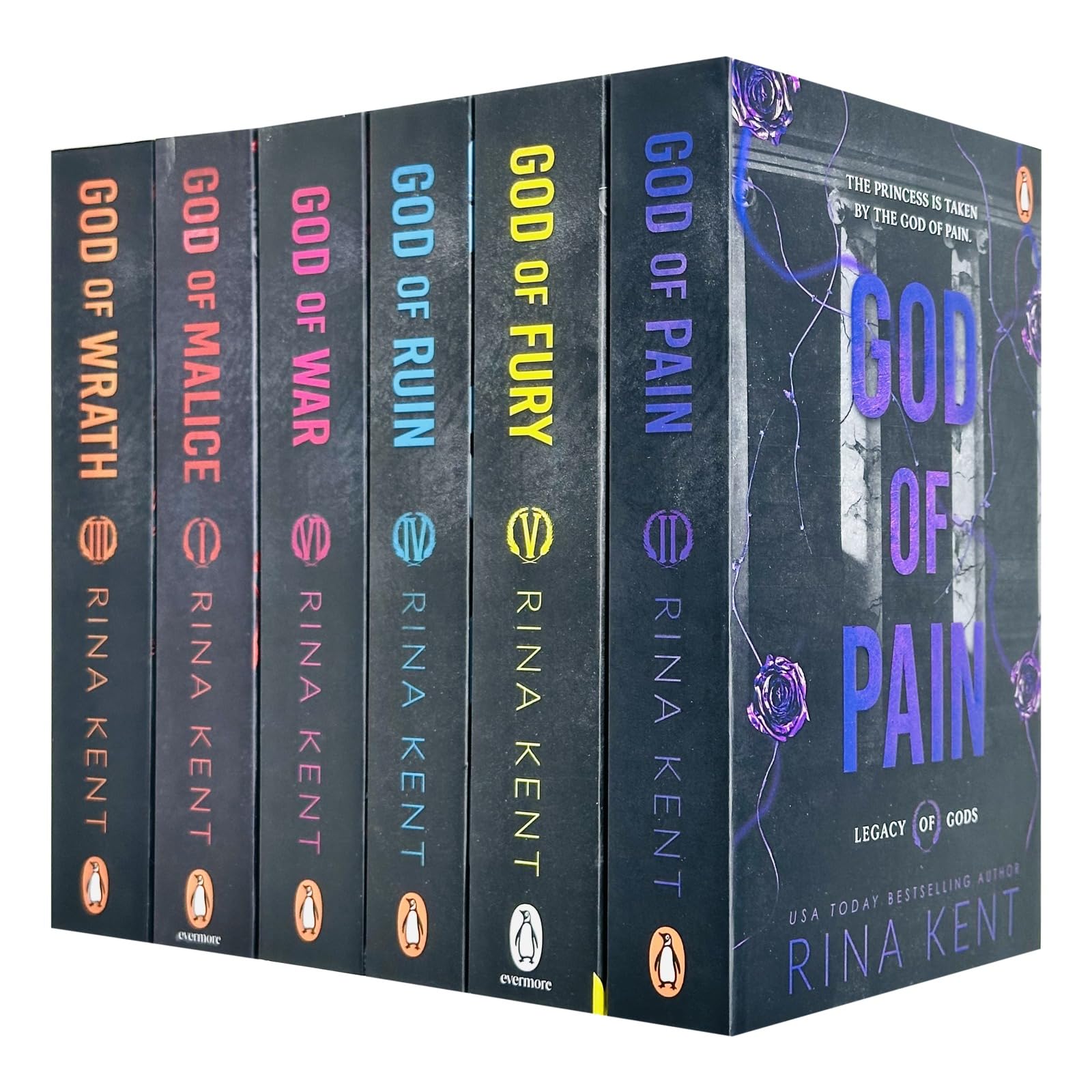 Front cover view of the Legacy of Gods Series Collection 6 books set by Rina Kent, paperback dark romance fiction