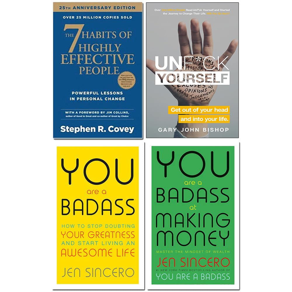 Front covers of the Life Mastery 4 Books Collection Set paperback, featuring 7 Habits of Highly Effective People, Unf*ck Yourself, You Are a Badass, and You Are a Badass at Making Money.