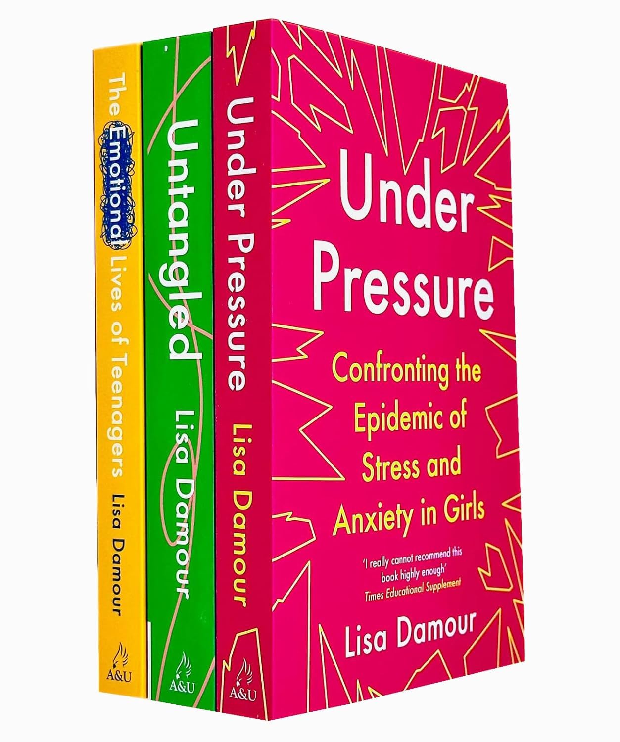 Front covers of the Lisa Damour 3 Books Collection Set in paperback, showing Untangled, Under Pressure, and The Emotional Lives of Teenagers side by side.