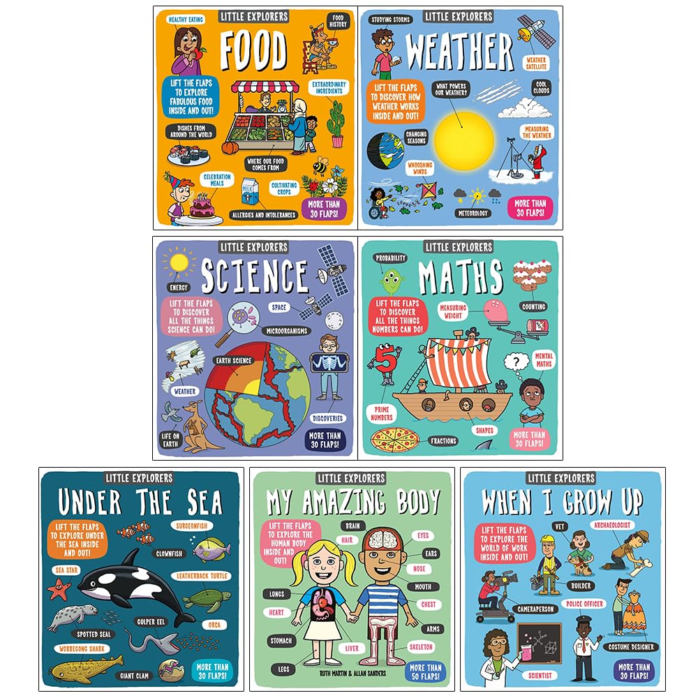 Little Explorers 7-book board book collection set by Ruth Martin, front covers showing Food, Weather, Science, Maths, Under the Sea, My Amazing Body, and When I Grow Up