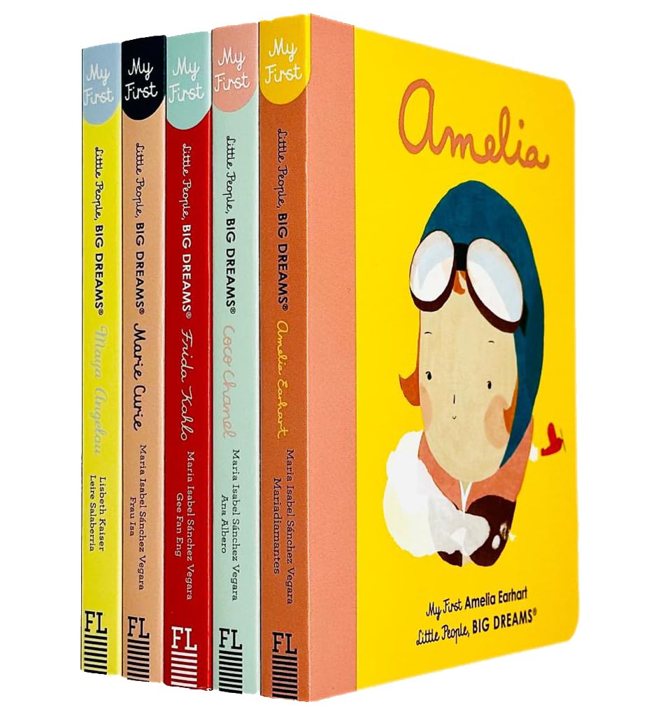 Little People, Big Dreams 5-book board book collection set featuring Maya Angelou, Marie Curie, Frida Kahlo, Coco Chanel, and Amelia Earhart