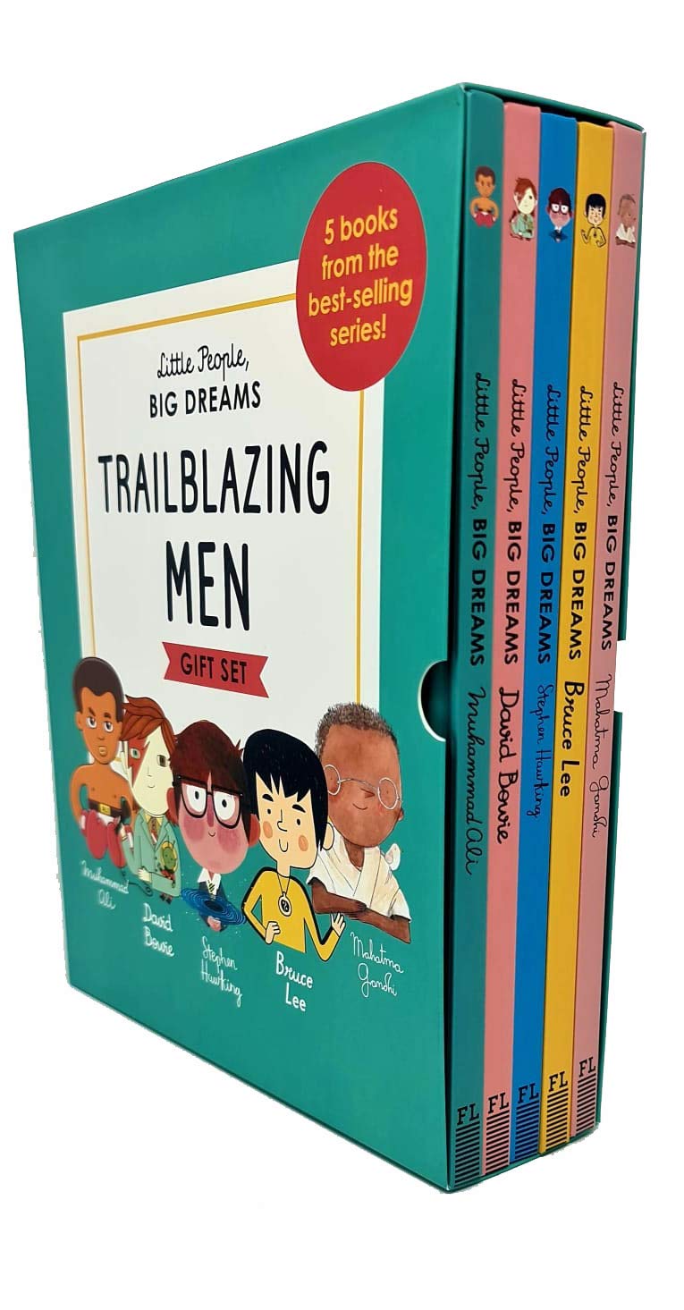 Little People, Big Dreams Trailblazing Men 5-book hardcover box set front cover showing Muhammad Ali, Stephen Hawking, David Bowie, Mahatma Gandhi, and Bruce Lee