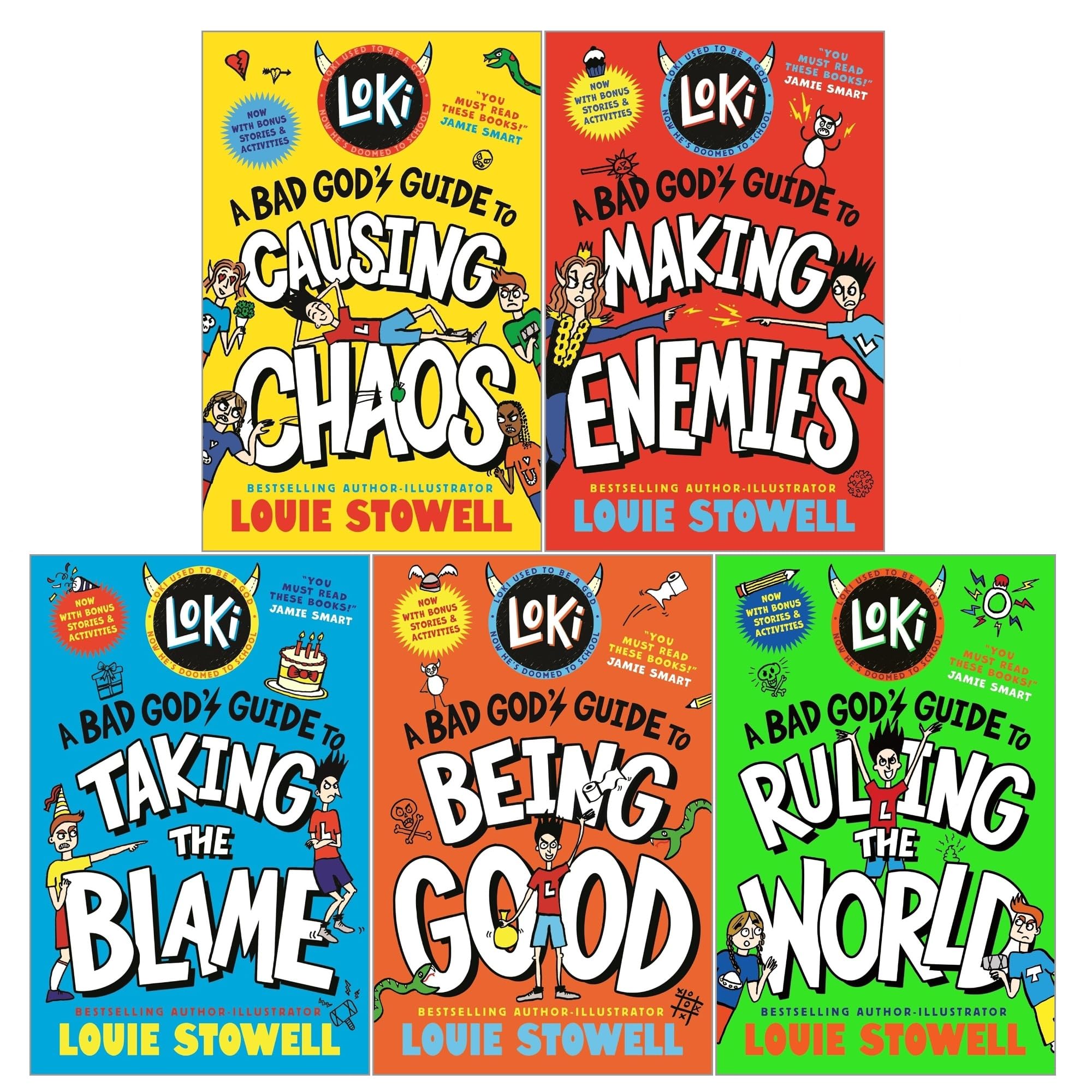 Loki: A Bad God's Guide 5 Book Collection Set by Louie Stowell - front cover of the paperback box set