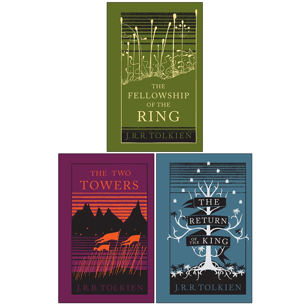 The Lord of the Rings 3-book hardback collection set by J.R.R. Tolkien, front covers of Fellowship of the Ring, Two Towers, and Return of the King