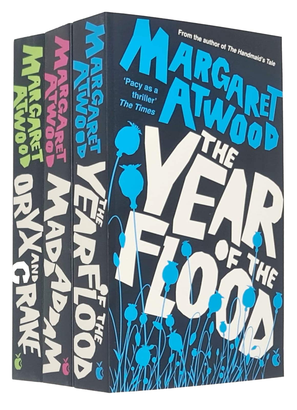 Front cover of the MaddAddam Trilogy 3-book paperback set by Margaret Atwood, featuring Oryx and Crake, The Year of the Flood, and MaddAddam.