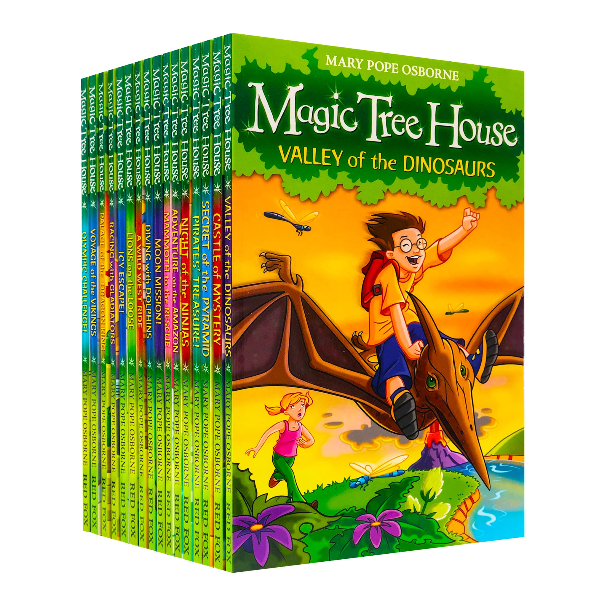 Front cover collage of the Magic Tree House 16 books collection set by Mary Pope Osborne in paperback for ages 5-7.