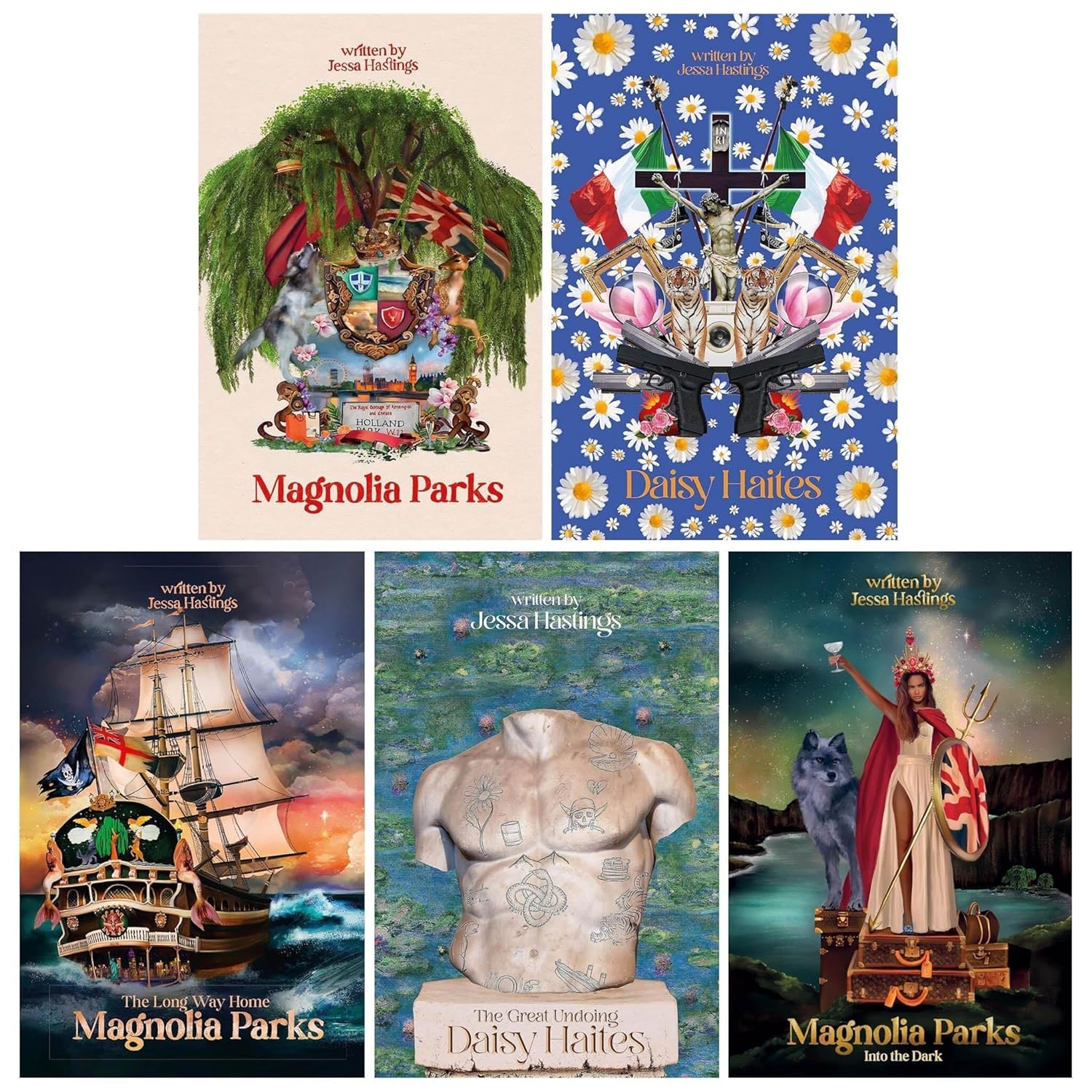 Full Magnolia Parks Universe Series 5-book paperback collection set by Jessa Hastings, showing Magnolia Parks, Daisy Haites, The Long Way Home, Into the Dark, and The Great Undoing fanned out together.