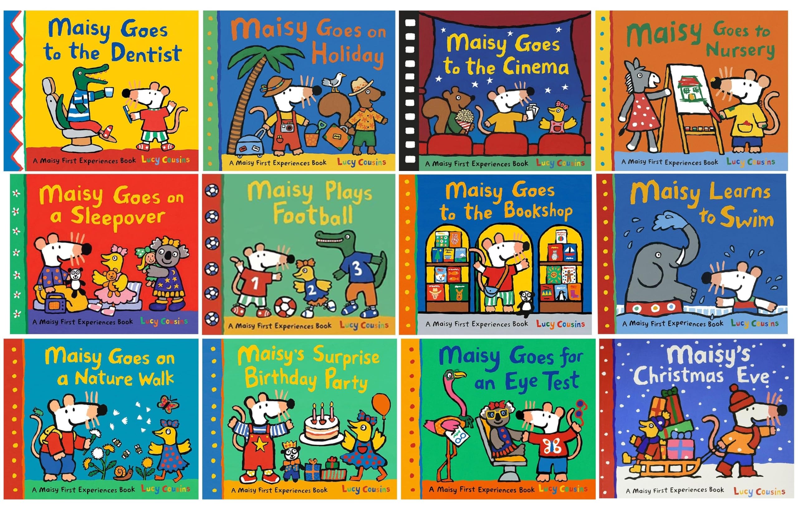 Maisy First Experiences 12 Books Collection Set by Lucy Cousins, paperback front covers showing all titles including Maisy Goes to the Dentist and Maisy Plays Football