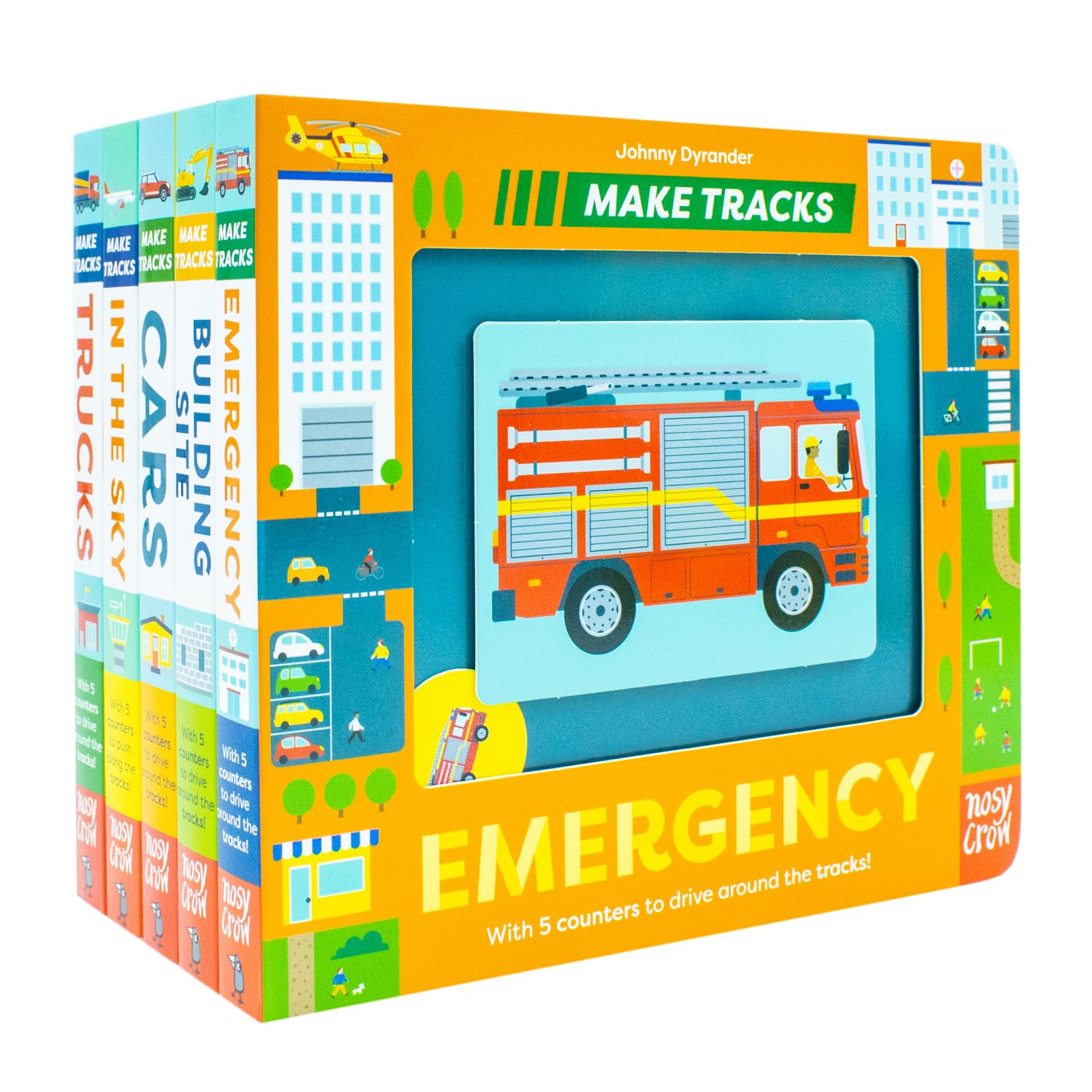 Make Tracks Series by Johnny Dyrander 5-book board book collection set, front covers of Emergency, Building Site, Cars, In the Sky, and Trucks fanned out for ages 2-5