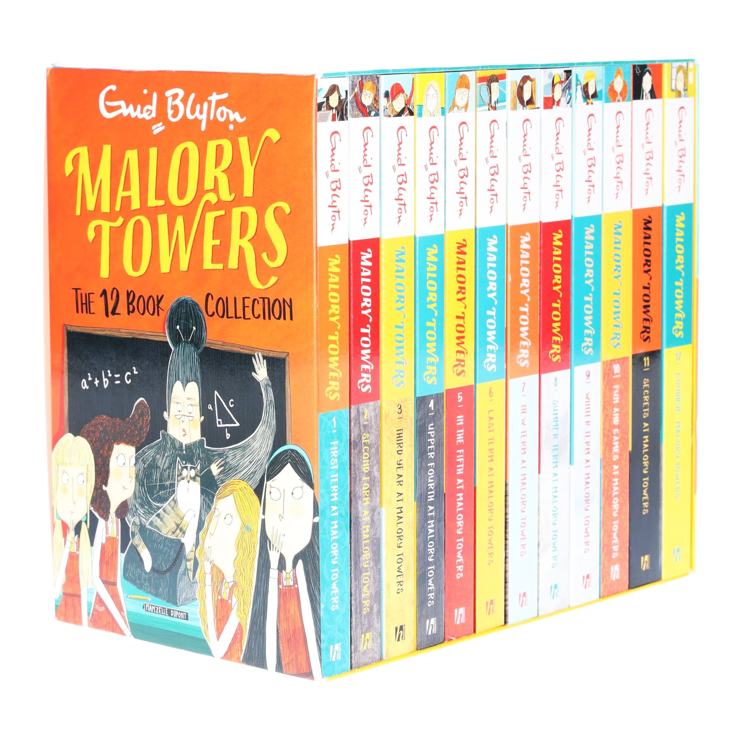 Front cover artwork of the Malory Towers 12 Books Collection Set by Enid Blyton, colorful paperback boarding-school fiction for ages 9-11.