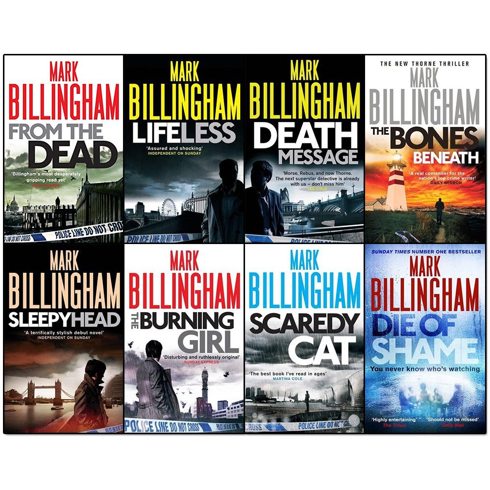 Mark Billingham Tom Thorne Collection 8 book paperback set displayed on a shelf, showing spines of all titles
